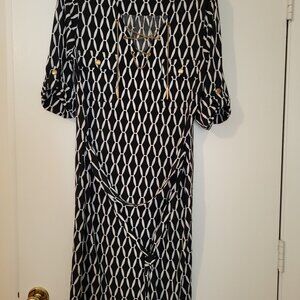 Roz & Ali Navy/White Print Dress w/Gold Chains at Neck, Size 12